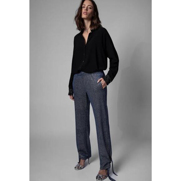 Zadig & Voltaire Blue Chill Velours Sparkle Tie Ankle Pants - Picture 1 of 13